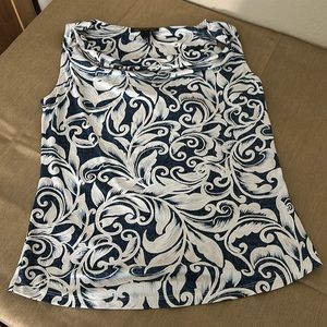 INC cowl neck tank top in chambray and cream abstract flower/scroll pattern, M